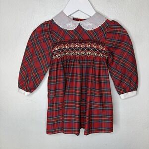 Polly Flinders Hand Smocked Red Plaid Dress Girls 2T Christmas Holiday Tartan